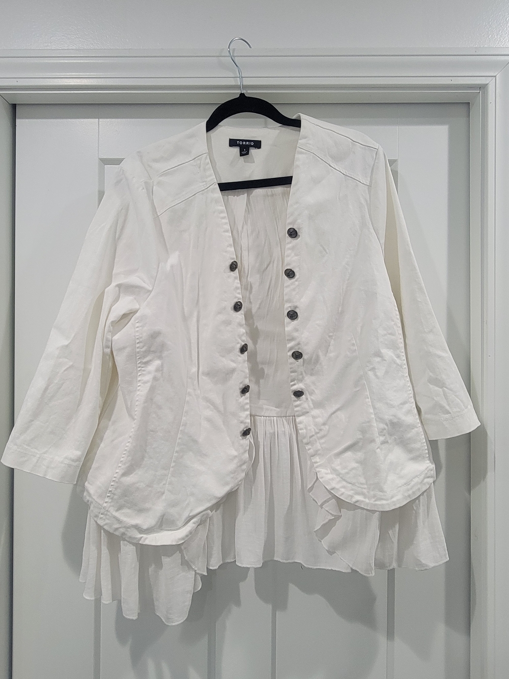 Torrid Off-White Twill Peplum Military Jacket Chiffon Ruffle Open Front Size 1